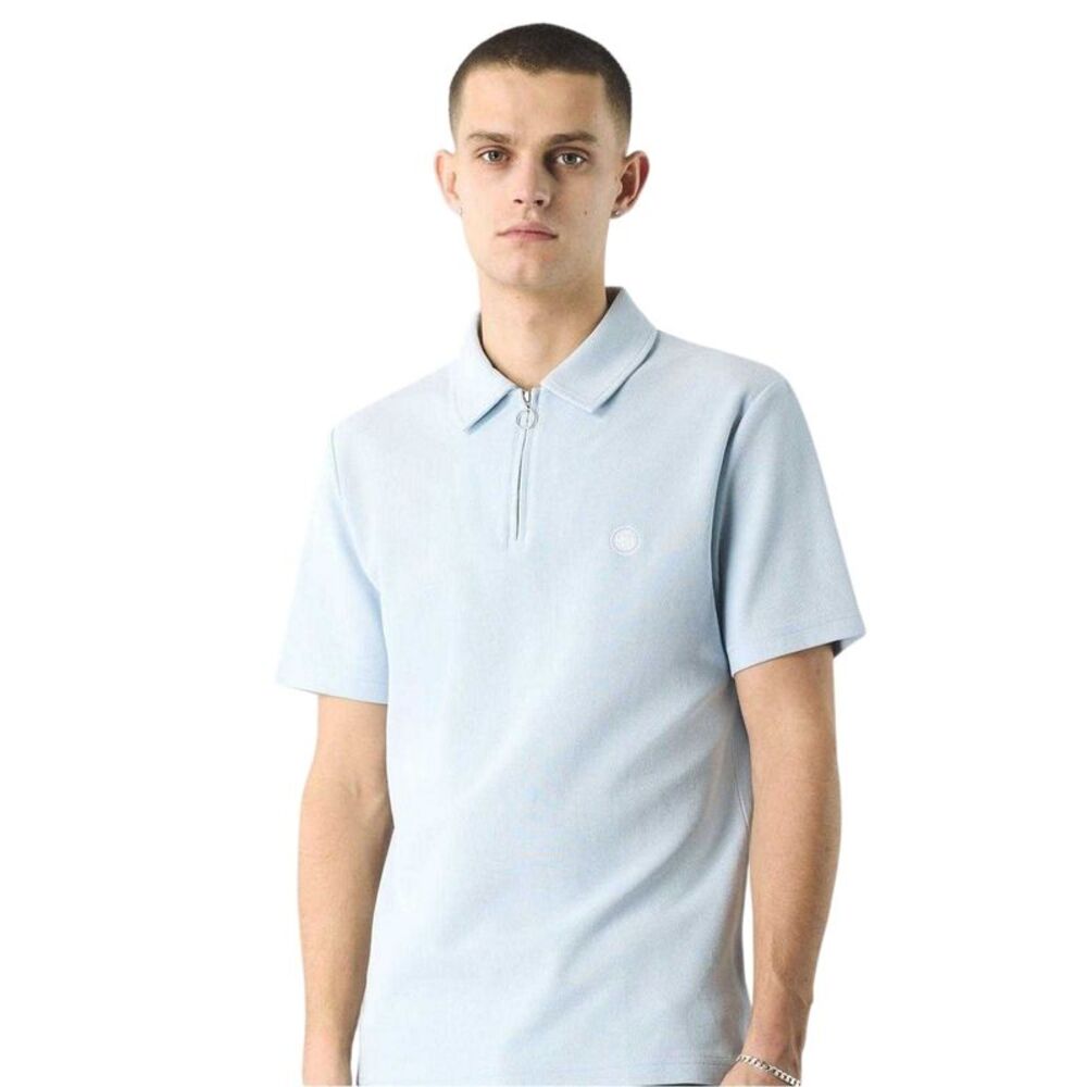 Pretty Green Mens Islington Quarter Zip Regular Polo Shirt / Light Blue
